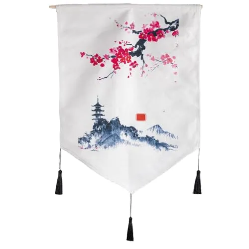 Produktbild lachineuse – Wandteppich mit japanischer Pagode – japanische Zen-Dekoration zum Aufhängen – 56 x 44 cm – Wandpaneel mit traditioneller japanischer Malerei – Farben Weiß und Blau