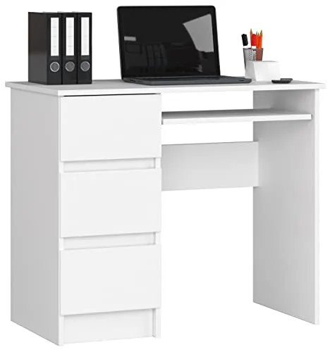 Computertisch mit ausziehbarer Tastaturablage und 3 Schubladen, 90 x 50 x 77 cm, weiß