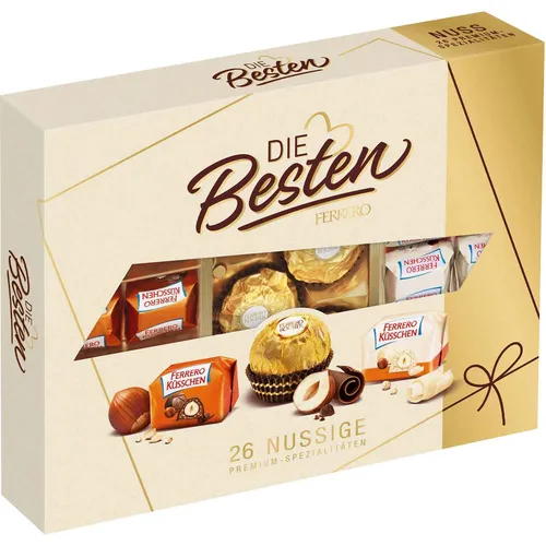 Die-Besten Pralinen von Ferrero, Nuss Edition, 250g - Geschenkschachtel mit 3 köstlichen Ferrero-Pralinen für Nussliebhaber, einzeln verpackt und ohne Alkohol – der perfekte Genuss für besondere Anlässe.