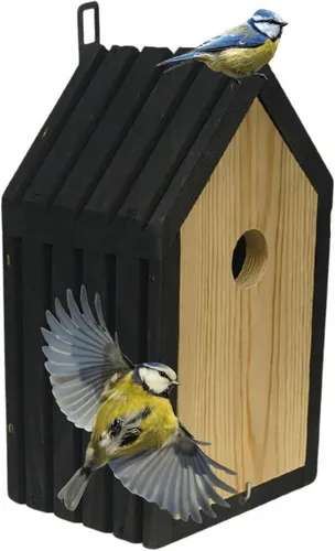 Modo24 Vogelhaus Meisen Nistkasten aus FSC® Holz mit 2,8 cm Einflugloch und mit Heu, Brutkasten mit Reinigungsklappe, Futterhaken für Garten, 26×15×12 cm