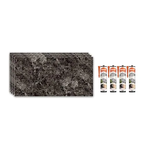 IZODEKOR Wandverkleidung Marmoroptik -4er 120x60cm- Alternative zu Badfliese/Küchenfliese, Duschwandpaneele, Wandpaneel für Küchenrückwand, Badezimmer, mit 4x Montagekleber | Emperador Dark