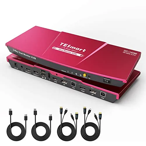 TESmart KVM Switch DisplayPort HDMI 2 Monitors, 4 Port DP+HDMI 2 PC 2 Monitor Switch mit Kabel, EDID, 4K@60Hz, Stereo Audio, Hotkey Button Switcher, USB 2.0, KVM Switch Dual Monitor für Arbeit