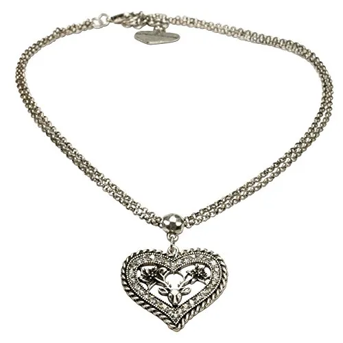 Alpenflüstern Trachtenkette Strassherz-Hirsch - Damen-Trachtenschmuck mit Strass-Trachtenherz und Hirsch-Kopf mit Geweih, Dirndlkette antik-Silber-Farben DHK167