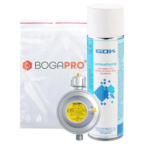 BOGARPRO Caravanregler und Lecksuchspray 400ml 2er Set, Gasdruckregler 30 mbar 1,2 kg/h Polybeutel, Spray zur Lecksuche bei Dichtheits- und Gasdruckprüfungen