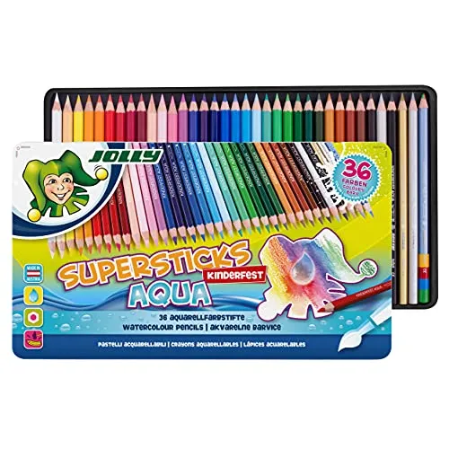 JOLLY Superstick Aqua Buntstifte – 36 Wasservermalbare Farbstifte, Aquarellierbar, Bruchsicher mit 3.8 mm Mine, Verstärkter Holzmantel, Ideal für Kinder ab 5 Jahren