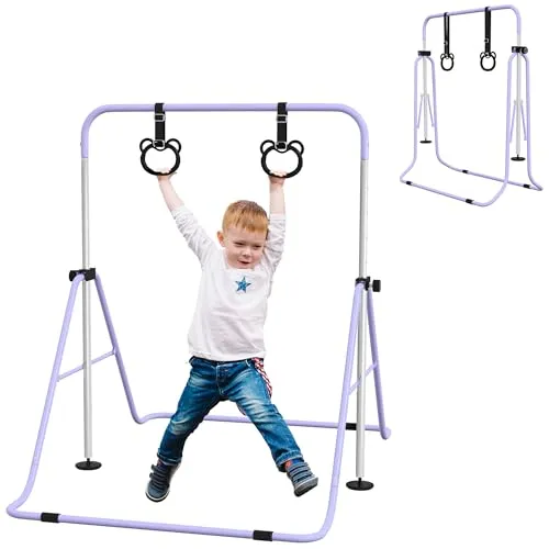 HOMCOM Gymnastikstange für Kinder – Faltbares, Höhenverstellbares Turnreck mit Ringen - Sichere Turnstange für Kinder ab 3 Jahren: Stabiler Halt durch rutschfeste Gummiringe und verstellbare Höhen. Ideal für aktives Spielen drinnen und draußen – perfekt für die Entwicklung von Kraft und Koordination!