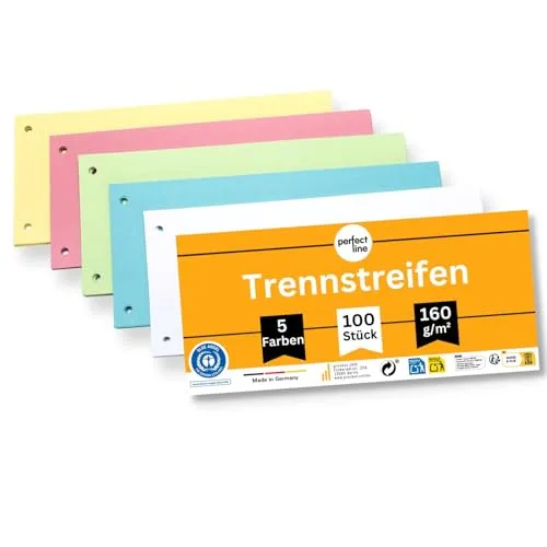 perfect line - 100 Trennstreifen für Ordner A4, Trennblätter aus Recycling-Karton, Made in Germany, 5 Farben, gelocht, Blauer Engel zertifiziert