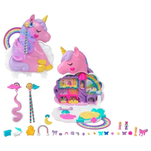 Polly Pocket HMX18 - Regenbogen-Einhorn-Salon-Spielset - Puppenset mit 2 Puppen und über 25 Zubehörteilen, 2-in-1 Styling-Kopf und dreietagige Spielwelt für kreativen Spielspaß ab 4 Jahren!