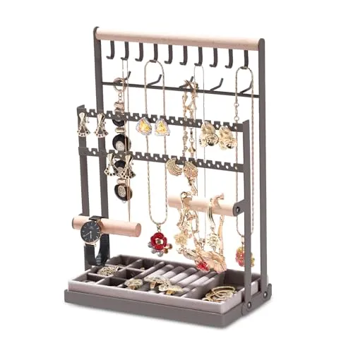 Schmuckständer Schmuckhalter, Ohrstecker Display Schmuckhalter, Schmuckbaum-Kettenhalter mit Aufbewahrungsbasis, Ohrringständer Schmuckaufbewahrung Jewelry Stand für Halsketten, Armbänder, Ringe, grau