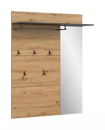 xonox.home Garderobenpaneel inkl. Spiegel Canu 120x147x29 cm – Praktische Wandgarderobe in Artisan und Basalt grau - Funktionales Garderobenpaneel mit Spiegel und 5 Haken für Ordnung im Eingangsbereich. Platzsparend und modern gestaltet, ideal für kleine Räume. Hochwertige Materialien sorgen für Langlebigkeit und einfache Montage.