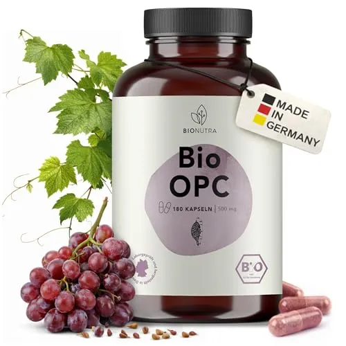 BIONUTRA© Bio OPC Kapseln hochdosiert – aus Bio Traubenkernextrakt (20:1), 180 Stück à 500 mg, vegan und ohne Zusätze, rückstandskontrolliert. Deutsche Herstellung aus spanischen Bio-Weintrauben