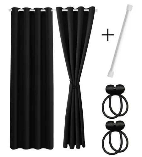 Cozyor Vorhang Set mit 2x Gardine + 2x Vorhanghalter + 1x Gardinenstange ohne Bohren (2 St), Ösen, verdunkelnd, Polyester, blickdicht schwarz Eclipse