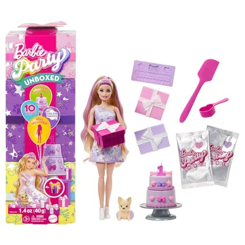 Party Unboxed Pet Birthday Series Doll - Puppen mit einzigartiger Unboxing-Erfahrung, inklusive Geschenkbox-Verpackung und tierischem Geburtstagsthema. Entdecke Überraschungen wie farbwechselnde Gesichter und eine zweistufige Geburtstagstorte!