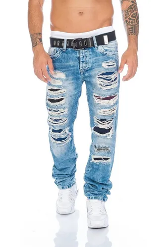 Cipo & Baxx Regular-fit-Jeans Herren im Destroyed Look - Stylische Regular-fit-Jeans mit einzigartigem Destroyed Design und farbigen Stoffunterlegungen. Ideal für modische Auftritte und bequem im Alltag. Inklusive passendem Stoffgürtel für den perfekten Look.