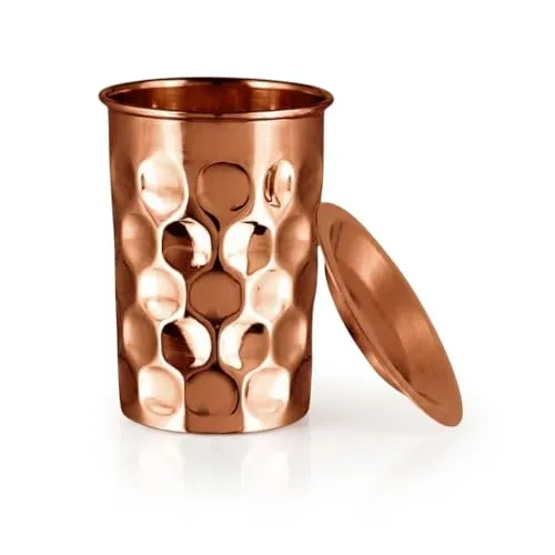 Sattva Ayurveda Kupferbecher 350 ml mit Deckel – Handgefertigter Trinkbecher aus ca. 99,7% Kupfer – Für Nachttisch & Büro – Unbeschichtet & Plastikfrei im Diamond Design