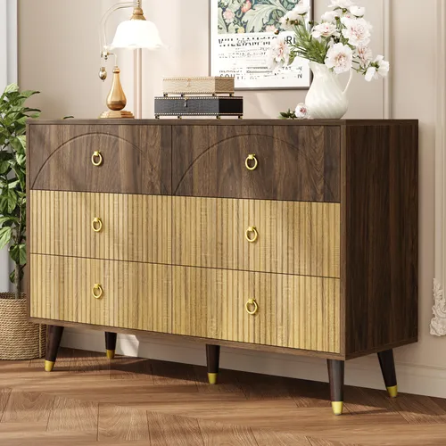 Merax Moderne Kommode mit 6 Schubladen – Stilvolles Sideboard für Wohnzimmer und Flur - Diese elegante Kommode im Retro-Design bietet mit ihren 6 Schubladen viel Stauraum für Ordnung. Die zweifarbige Holzoptik und goldenen Ringgriffe setzen stilvolle Akzente in jedem Raum.