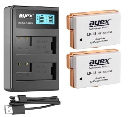 2x ayex LP-E8 Akkus mit Dual USB-Ladegerät für Canon EOS 550D/600D/650D/700D - Akkus für Kamera, 1260 mAh Kapazität, inklusive praktisches Dual USB-Ladegerät für schnelles Aufladen unterwegs.