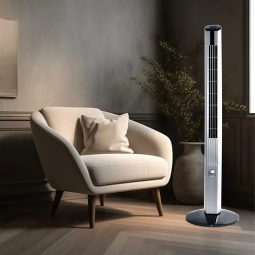 Bestron DFT430 Turmventilator - Stylischer Turmventilator in Silber, ideal für erfrischende Luftzirkulation in jedem Raum, energieeffizient mit weniger als 0,5kW.