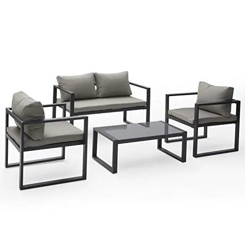 Happy Garden Gartenmöbel Ibiza - 4-Sitzer Sofa aus grauem Stoff mit Aluminiumgestell - Sofas aus hochwertigem Stoff und robustem Aluminium, ideal für entspannte Stunden im Freien. Inklusive Couchtisch mit gehärteter Glasplatte für stilvolles Design.