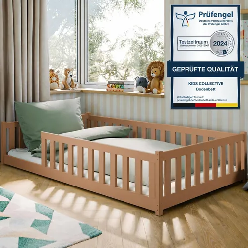 Montessori Kinderbett 120x200 cm mit Rausfallschutz & Lattenrost | Zimt-Braun