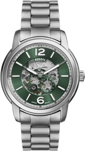 Fossil Herren Analog Automatik Uhr ME3262 - Elegante Armbanduhr mit 43-mm Edelstahlgehäuse und grünem Zifferblatt. Wasserdicht bis 50 m, ideal für Schwimmen im flachen Wasser.