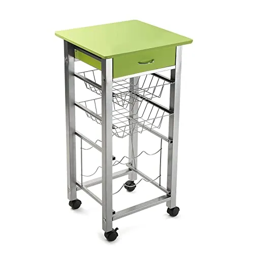 Versa Leicester Küchenwagen mit Rädern, Schubladen und Flaschenregal, Gemüsehändler, Küchenablage, Maßnahmen (H x L x B) 82 x 40 x 40 cm, Holz und Metall, Farbe: Grün