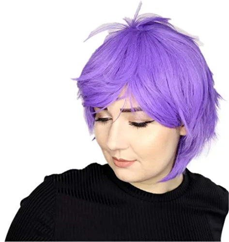 Prettyland Damen Herren Kurze Perücke Fransige Gestuft Halloween Cosplay Lila purple Hell-Violett C157