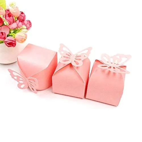 JZK 50x Rosa Schmetterlings Hochzeitsbevorzugungskästen, Geschenkbox für Gefälligkeiten Party-Süßigkeiten-Box Party-Konfetti-Box für Hochzeit, Geburtstag, Taufe, Heilige Kommunion, Weihnachten