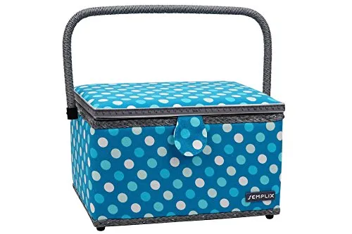 SEMPLIX Nähkorb Größe L, Polka Dots Petrol/Türkis – Praktisches Nähkästchen - Praktischer Nähkorb mit Magnetverschluss und Fächereinsatz zur Aufbewahrung von Nähzubehör. Trendiges Design in Petrol/Türkis, klappbarer Tragegriff und Füße für sauberen Untergrund. Maße: 30,5 x 22,5 x 19 cm.