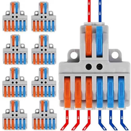 Dealikee 10 Stück Verbindungsklemme, 2 in 6 raus Kabelverbinder, Drahtverbinder Steckklemme mit Hebel für 0.5mm²-4mm², Elektro Lüsterklemmen mit Hebel für Anschlussblöcke Elektrische