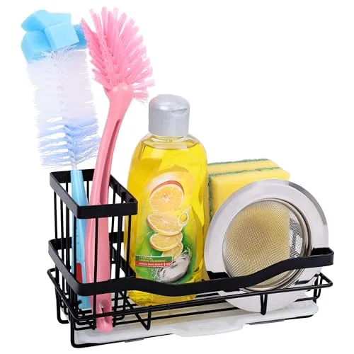 BELLE VOUS Spülbecken Organizer Schwarz aus Eisen - Rostfreier Schwamm- und Lappenhalter Spülbecken mit Abtropfschale - Schnell Trocknender Organizer Spüle Ablage für Küche & Badezimmer