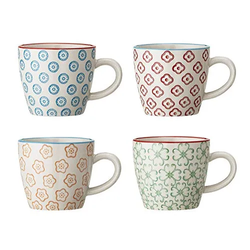 Bloomingville kleine Tassen Emma Retro Tassen ideal für einen doppelten Espresso oder einen kleinen Kaffee Crema ø 7,5 x H 7,5 cm, blau rot orange grün, Keramik, 4er Set