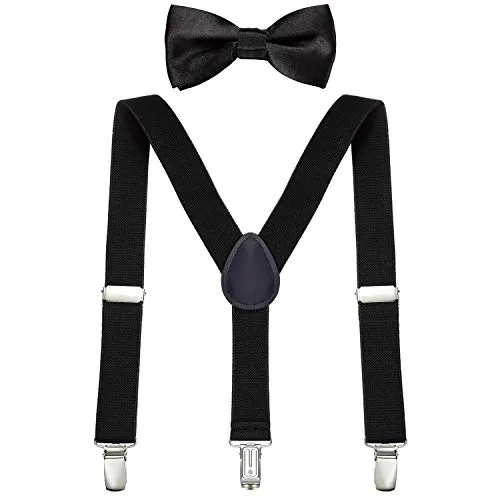 DonDon Jungen Hosenträger Fliegen Set schwarz elastisch und längenverstellbar für Kinder von 1-8 Jahre