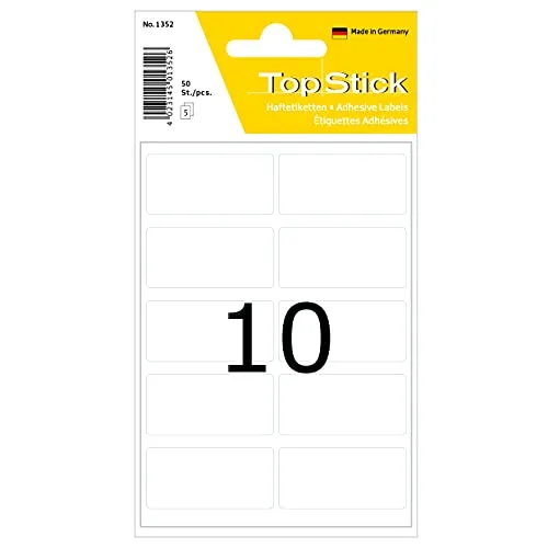 TopStick 1352 Vielzweck-Etiketten klein, 50 Stück, 40 x 19 mm, 10 pro Bogen, selbstklebend, Haushaltsetiketten zum Beschriften, matt, blanko Papier Klebeetiketten Aufkleber, weiß