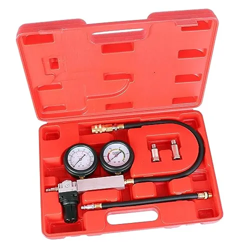 Kompressionstester Set - Druckverlusttester für Fahrzeuge - Kompressionstester für Benzinmotoren, ideal zum Auffinden von Zylinderlecks. Ausgestattet mit präzisem Manometer für exakte Ergebnisse und Lieferung im praktischen Koffer.