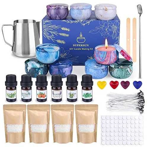 SUPERSUN Kerzen Selber Machen Set,Kerzenherstellung Zubehör,Duftkerze Geschenke mit 480g Bienenwachs,9 Dosen,6 ätherisches Öl,Kerzendochte,Dochthalter,Dochte Aufkleber Rührlöffel