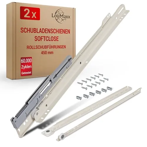 LouMaxx Schubladenschienen 450 mm selbstschließend mit Dämpfer - 2er Set (1 Paar) Rollschubführungen - Schubladen Auszugsschienen Softclose - Leichtgängiger Rollenauszug in weiß