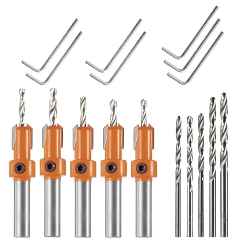 HPMAISON 17tlg. 8mm Schaft Senkbohrer Set, Beinhaltet 5tlg. 10mm Senkbohrer für Holz Set, 5tlg. Austauschbare Bohrer und 7tlg. Sechskantschlüssel für Holzbearbeitung Kunststoff Bohrlöcher