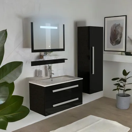 Modernes Badmöbel Set Schwarz Spiegelschrank Waschbecken Set mit Unterschrank