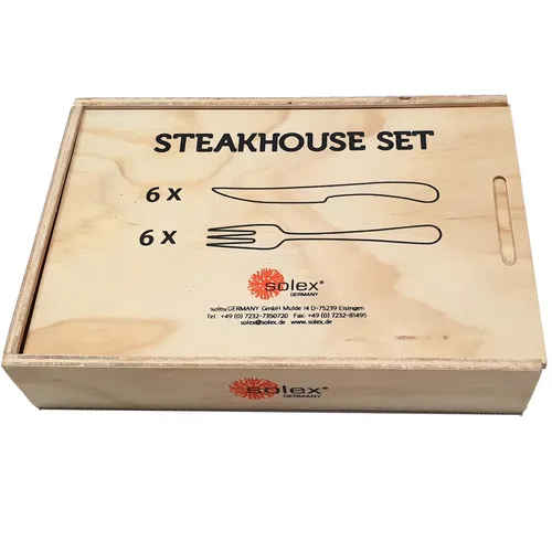 Solex Lena Besteckset 12-teilig für 6 Personen - Elegantes Edelstahl-Steakbesteck, spülmaschinengeeignet und perfekt für festliche Anlässe. Inklusive stilvoller Holzbox für eine ansprechende Präsentation.