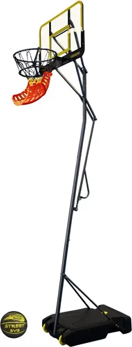 Höhenverstellbarer Basketballkorb mit Ständer und Rädern - Transportable Korbanlage, höhenverstellbar von 2,43m bis 3,05m, inklusive Basketball und Ball-Returner. Tragbar mit Rädern für einfache Umstellung und stabil durch befüllbare Basis.