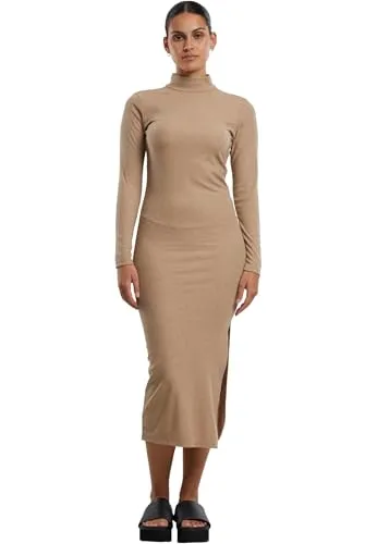 Urban Classics Ladies Rib Longlseeve Mockneck Dress beigemelange, S