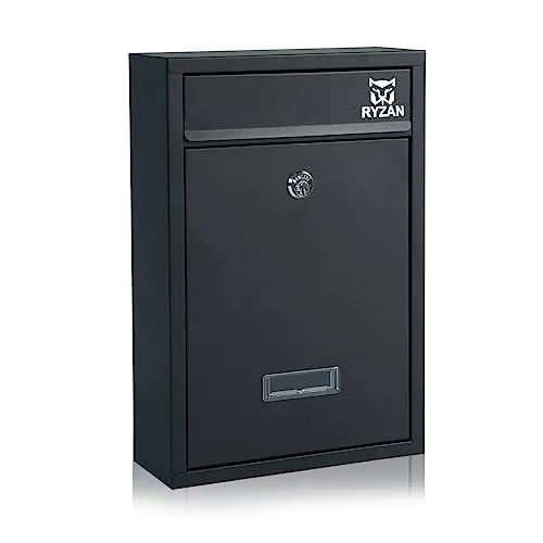 RYZAN Wandbriefkasten Stahl Briefkasten Modern Lieferbriefkasten für draußen mit Namensschild Abschließbar Wetterfest Großbriefpost Postpost ‎8,5 x 21,5 x 32