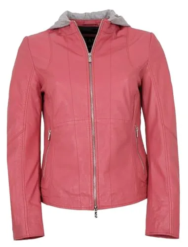Jilani - Damen Echtleder Lederjacke Lammnappa Kapuze Coral Größe 48