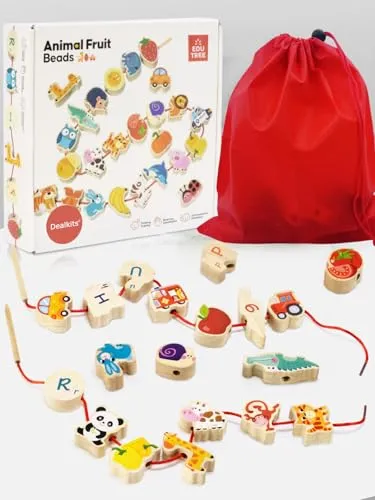 DealKits Fädelspiel ab 2 Jahren, 42Stk. Holzperlen, Adventskalender Füllung | Fördert die Feinmotorik, trainiert Hand-Auge-Koordination, Fingerfertigkeit und Konzentration, Ideal als Geschenk für Kinder.
