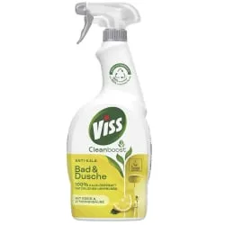 Viss Cleanboost Reiniger Spray Bad+Dusche Anti-Kalk Citrus - Reinigungsmittel mit 100% Kalklösekraft natürlichen Ursprungs, ideal für strahlenden Glanz und angenehmen Zitrusduft im Badezimmer. EU-Ecolabel zertifiziert und 100% recycelbarer Flaschenkörper.