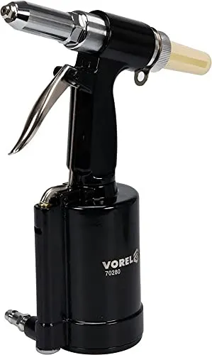 Vorel Druckluft Nietpistole 2,4-4,8 mm - Pneumatische Nietzange mit 720kg Presskraft und 4 austauschbaren Mundstücken. Ideal für KFZ-Werkstätten und Handwerksbetriebe, bietet sie effizientes Arbeiten an schwer zugänglichen Stellen.