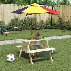 vidaXL Picknicktisch für 4 Kinder mit Sonnenschirm aus Tannenholz - Ideal für Gärten und Terrassen: Dieser robuste Picknicktisch mit Sonnenschirm bietet Platz für 4 Kinder und sorgt für unvergessliche Spiel- und Essmomente im Freien. Der Sonnenschirm schützt vor Sonne und Regen und schafft eine einladende Atmosphäre.