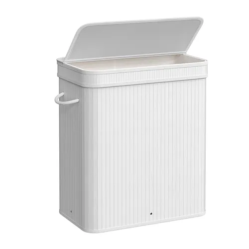 SONGMICS Wäschekorb 100 Liter aus Bambus - Wäschekorb aus nachhaltigem Bambus mit Deckel und praktischen Griffen, ideal für eine ordentliche Wäscheaufbewahrung und einen modernen Look im Zuhause.