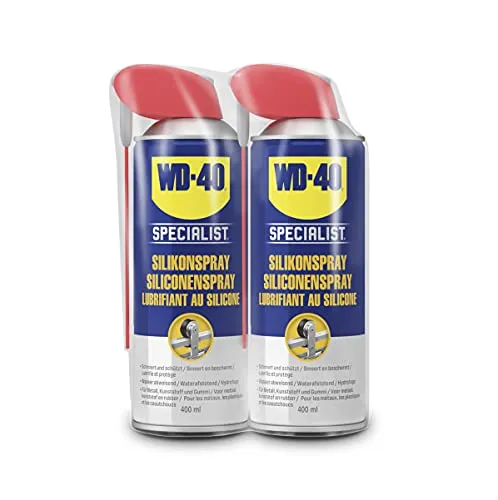 WD-40 Specialist Silikonspray 2x400 ml – Schutz und Schmierung für Gummi, Kunststoff und Metall, verhindert Austrocknung, reduziert Reibung und bildet wasserfesten, nicht fettenden Film